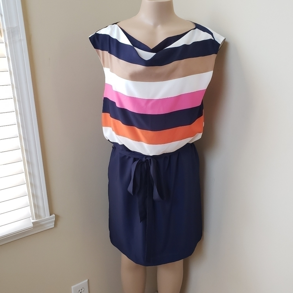 ELIZA J Navy and Colorful Striped Dress with Belt